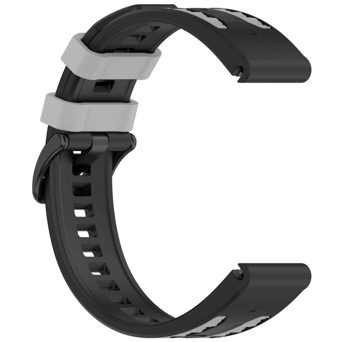 Schwarzer verstellbarer Handgelenksgurt mit zwei grauen Clips, offen auf weißem Hintergrund gezeigt.