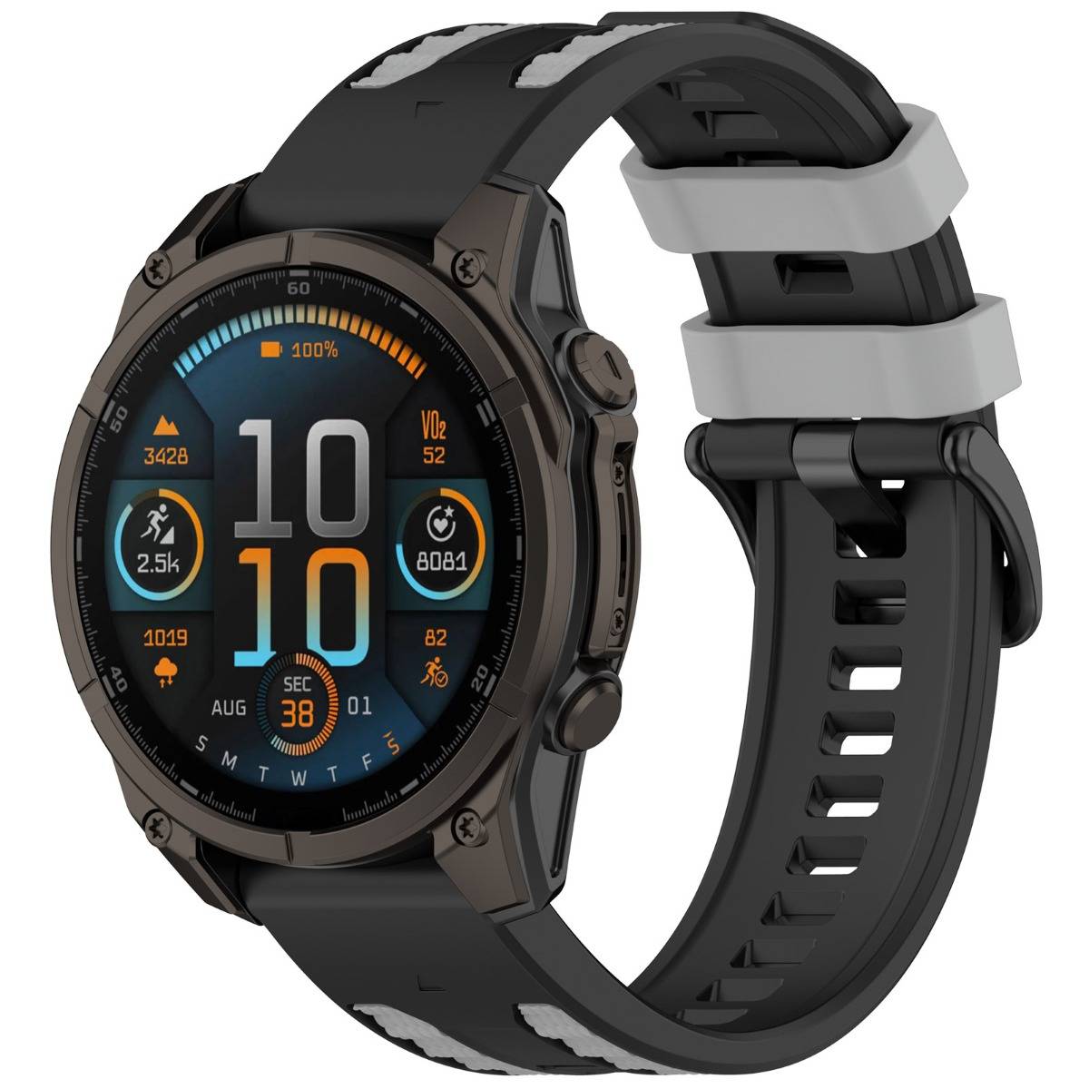 Schwarze runde digitale Smartwatch mit Silikonarmband, zeigt Fitness-Statistiken und die Uhrzeit „10:10" auf einem farbenfrohen Display.