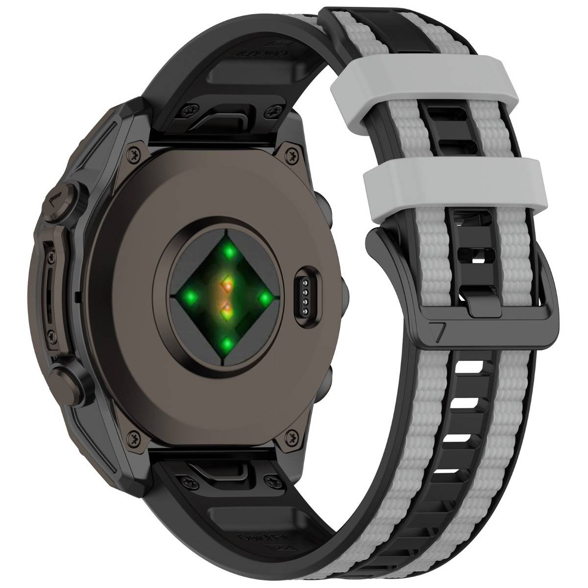 Rückseite einer schwarzen Smartwatch mit einem runden Sensor und leuchtend grünen Lichtern auf dem Gehäuse, gezeigt mit einem grau-schwarzen Armband.