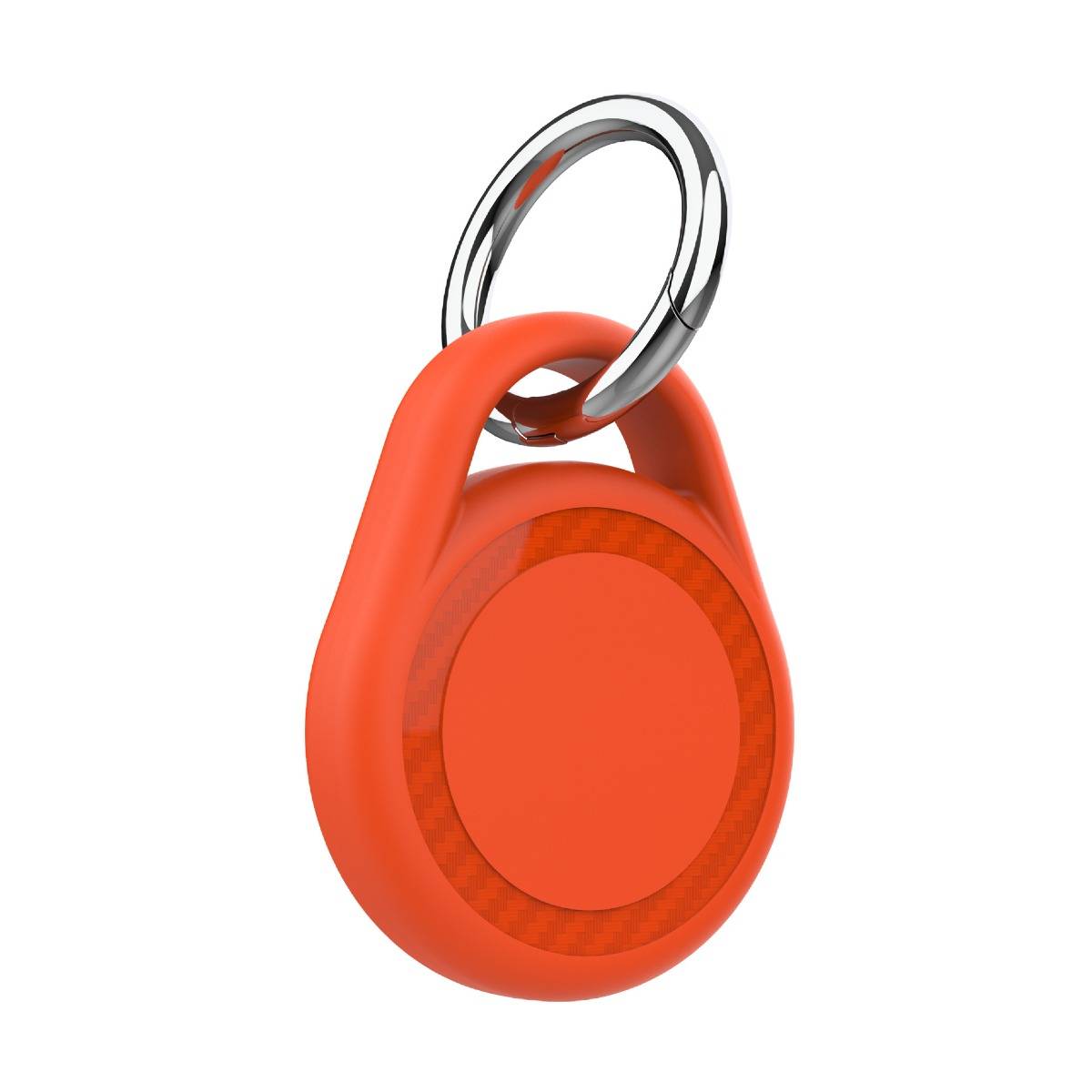 Orange-rotes Vorhängeschloss mit silbernem Schlüsselring, isoliert auf weißem Hintergrund.