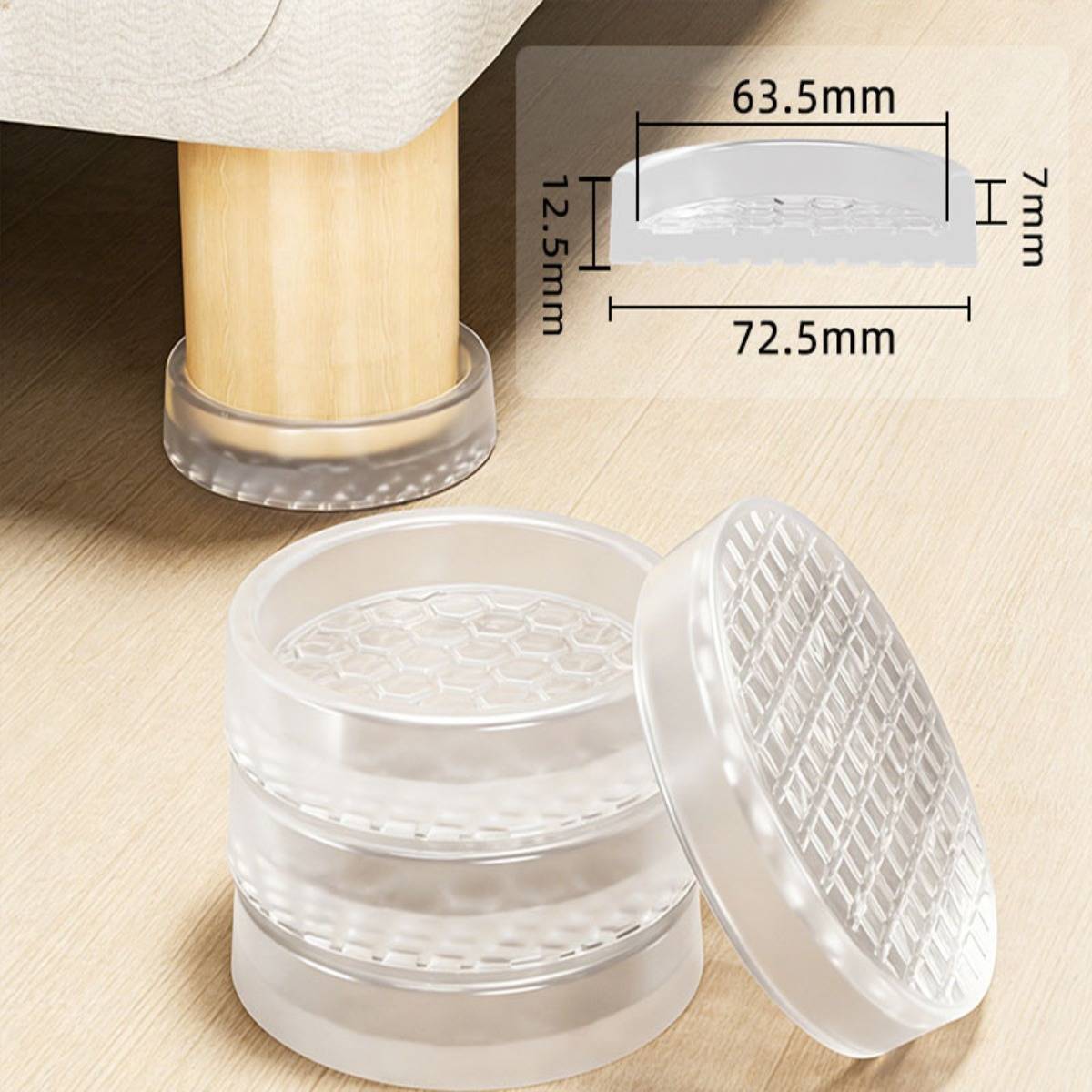 Transparente Silikonmöbelbeinabdeckungen mit den Abmessungen 72,5 mm mal 63,5 mm mal 12,5 mm plus einer Seitenhöhe von 7 mm.