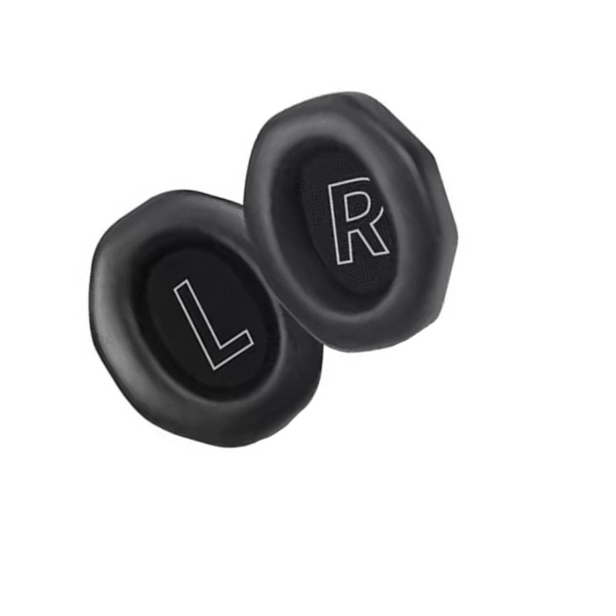 Schwarze In-Ear-Kopfhörer mit Ohrstöpseln, die mit „L