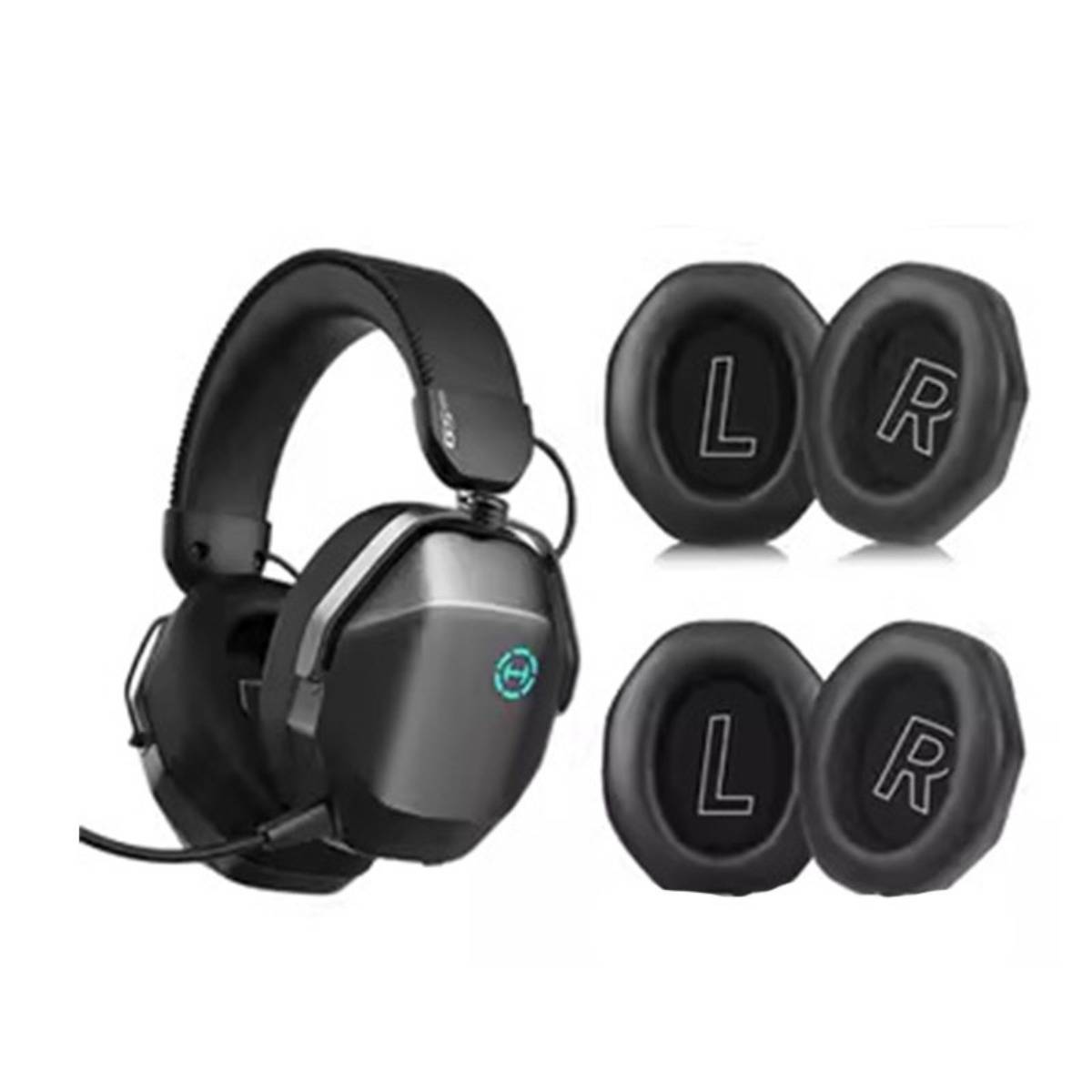 Gaming-Headset mit Over-Ear-Ohrmuscheln, gezeigt mit zwei Sätzen austauschbarer Ohrpolster, gekennzeichnet mit L und R.