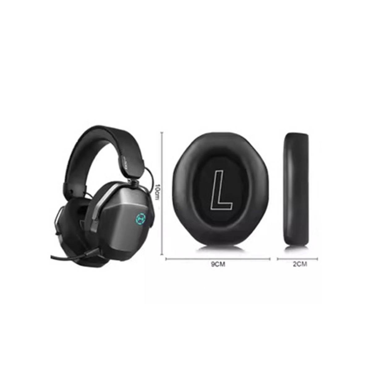 Schwarze Over-Ear-Kopfhörer mit beschrifteten Ohrpolster-Abmessungen von 10 cm Höhe, 9 cm Breite und 2 cm Dicke; linkes Ohrpolster mit „L" gekennzeichnet.