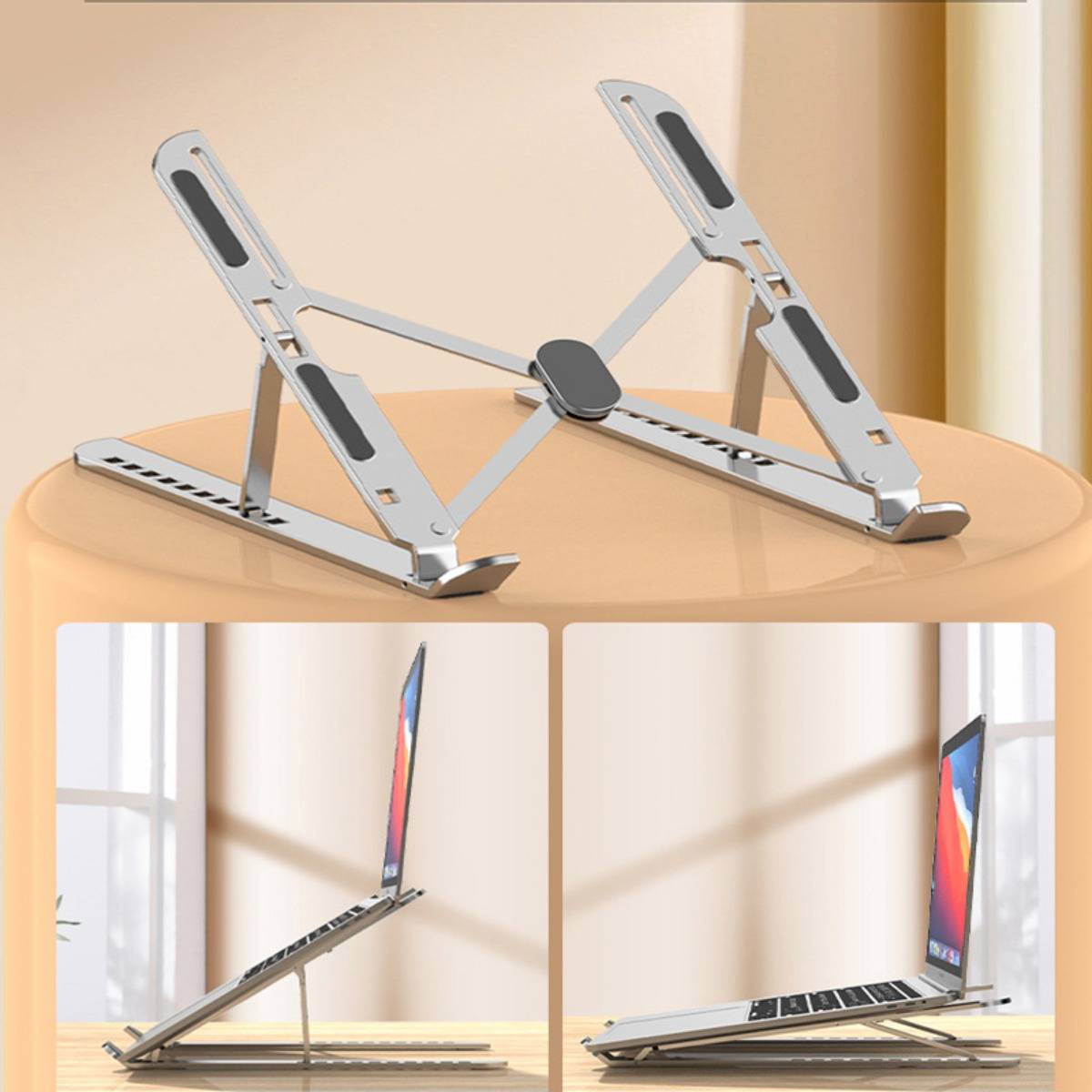 Klappbarer Laptop-Ständer aus silbernem Aluminium, offen auf einem Schreibtisch gezeigt und einen Laptop in einem verstellbaren Winkel stützend.