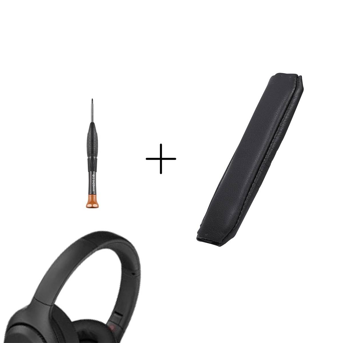 Schwarze Over-Ear-Kopfhörer mit Tragetasche und kleinem Präzisions-Schraubendreher, gezeigt als mitgelieferte Zubehörteile.