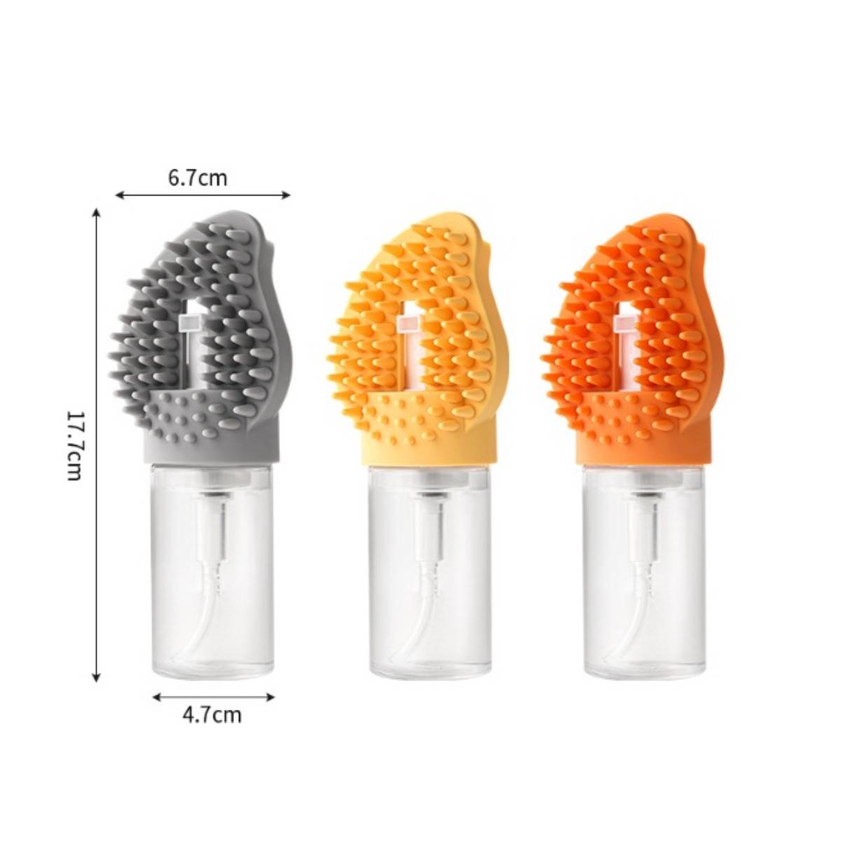 Drei Silikon-Pflegebürsten mit durchsichtigen nachfüllbaren Flaschen, gezeigt in Grau, Gelb und Orange mit den Abmessungen 17,7 cm Höhe und 6,7 cm Breite.