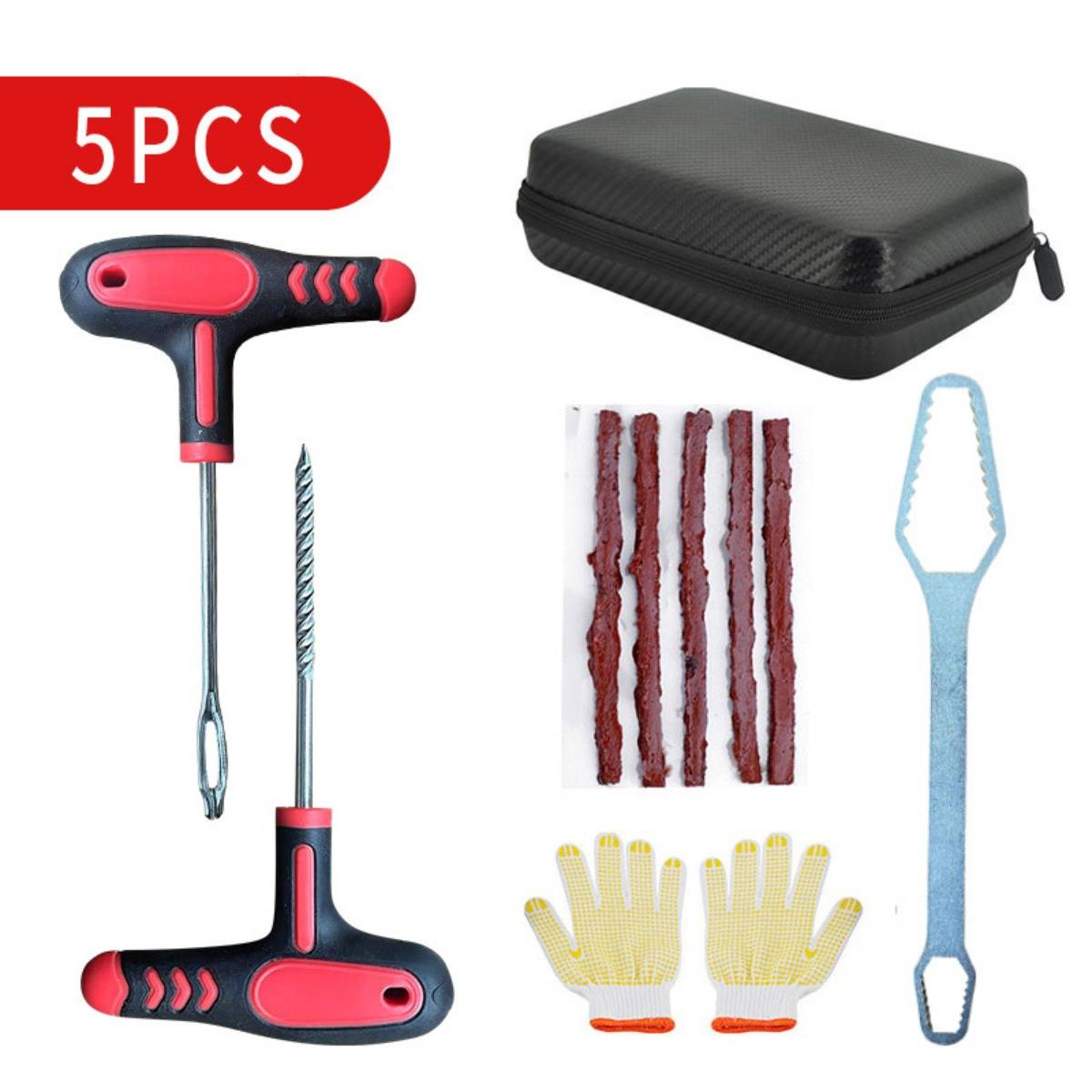 5-teiliger Reifenreparatursatz mit T-Griff-Werkzeug, Spiralsonde, Reparaturstreifen, Handschuhen und Aufbewahrungsbox auf weißem Hintergrund