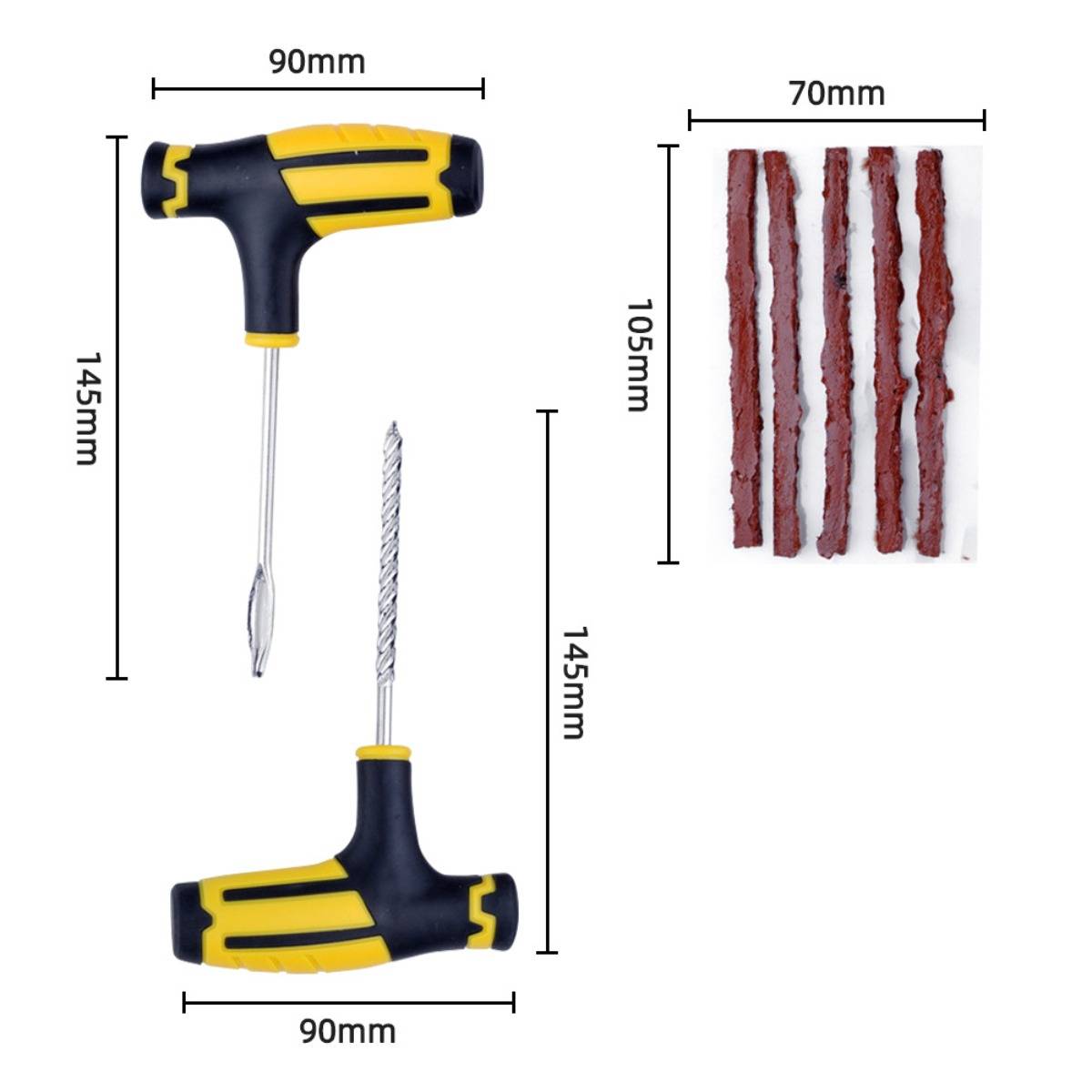 Schraubendreher-ähnliches Reifenreparaturwerkzeug und fünf Reparaturstreifen mit Abmessungen, einschließlich 90 mm Griffbreite, 145 mm Länge und 70 mm x 105 mm Streifengröße.