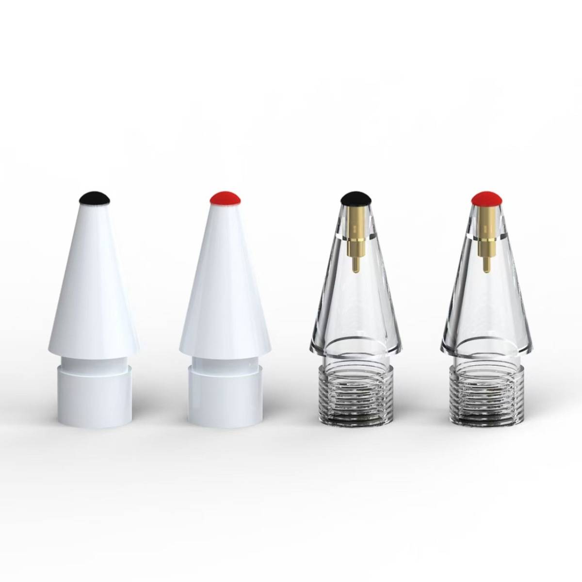 Vier stiftähnliche Kappen oder Stylus-Spitzen nebeneinander angeordnet, zwei undurchsichtig weiß und zwei transparent, mit schwarzen oder roten Oberteilen und Gewindelemente an der Basis.
