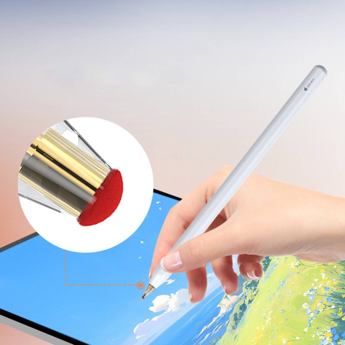 Hand benutzt einen weißen Stylus zum Malen auf einem Tablet, mit einer eingefügten Nahaufnahme, die die Stylus-Spitze zeigt.