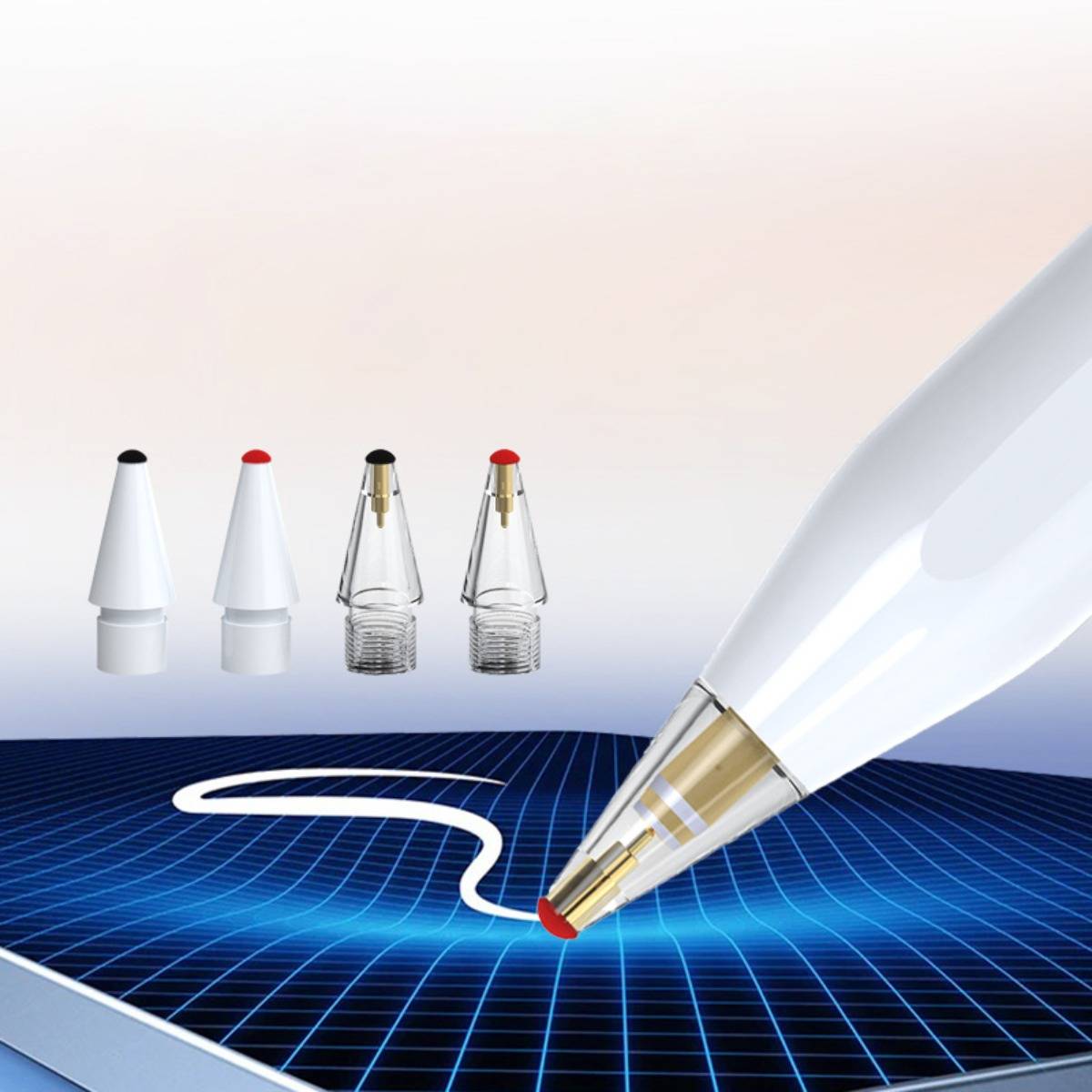 Stylus zeichnet eine weiße geschwungene Linie auf einem blauen Gitterbildschirm, mit vier austauschbaren Stiftspitzenkappen oben.