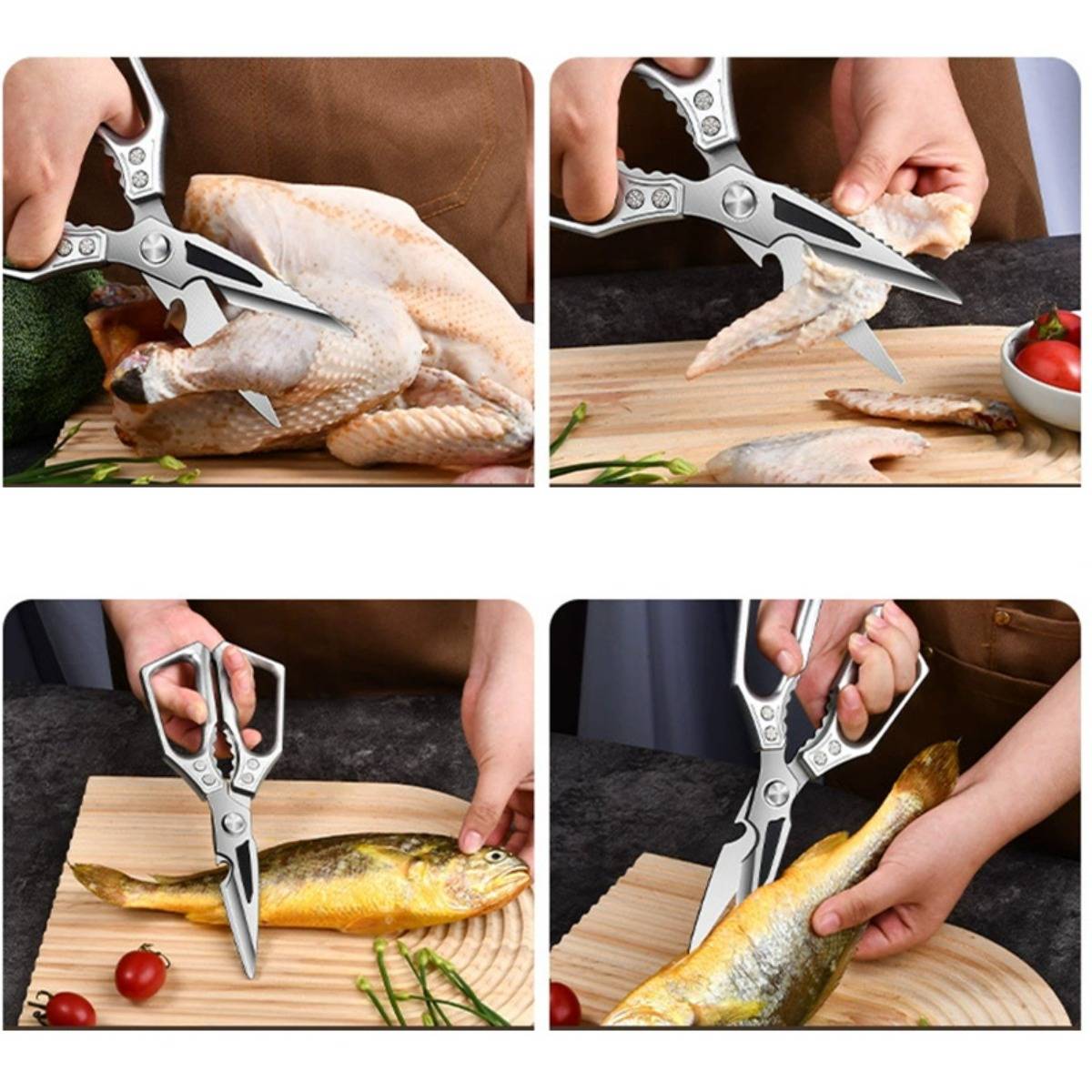 Vierschrittiges Collage-Bild, das zeigt, wie Küchensche-ren verwendet werden, um rohes Hähnchen und Fisch auf einem Schneidebrett zu schneiden und zu trimmen.