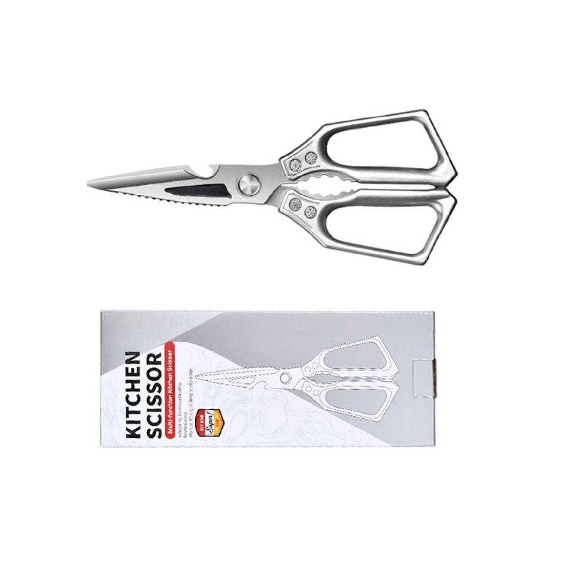 Edelstahlküchenreißer mit gezahnter Klinge, oben auf seiner Produktverpackung mit der Aufschrift „KITCHEN SCISSOR" gezeigt.