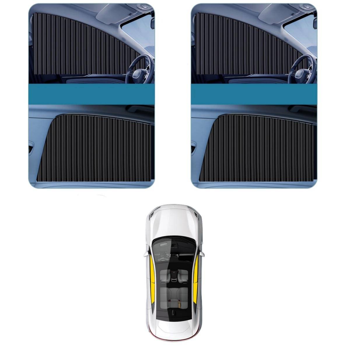 Ober- und Seitenansichten eines Autos mit dunklen vertikalen Fensterblenden oder Sonnenschutzsystemen, die in den vorderen und hinteren Seitenfenstern installiert sind.