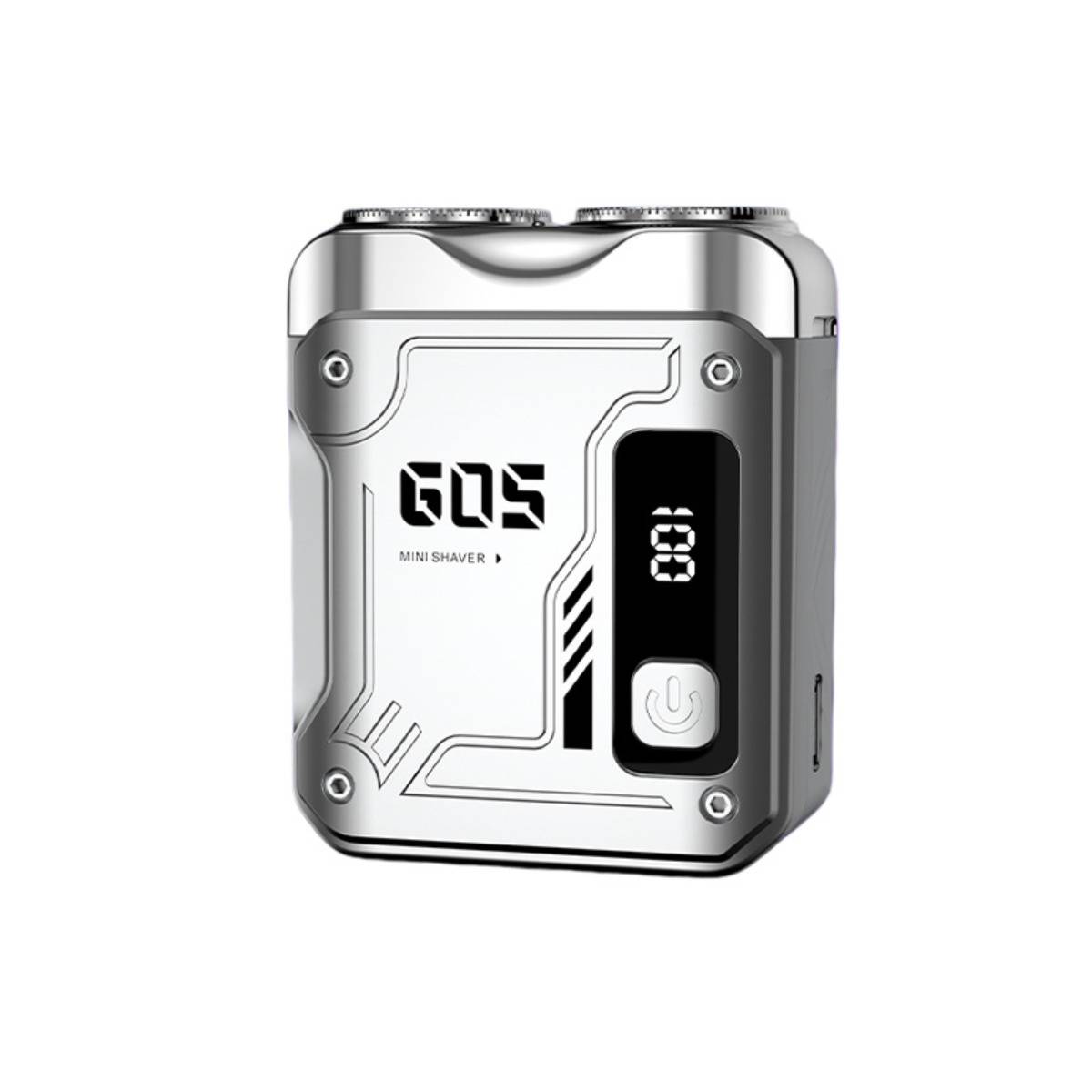 Silberner GOS Mini-Rasierer mit digitaler Batterieanzeige und Ein-/Aus-Schalter, Vorderansicht auf weißem Hintergrund.