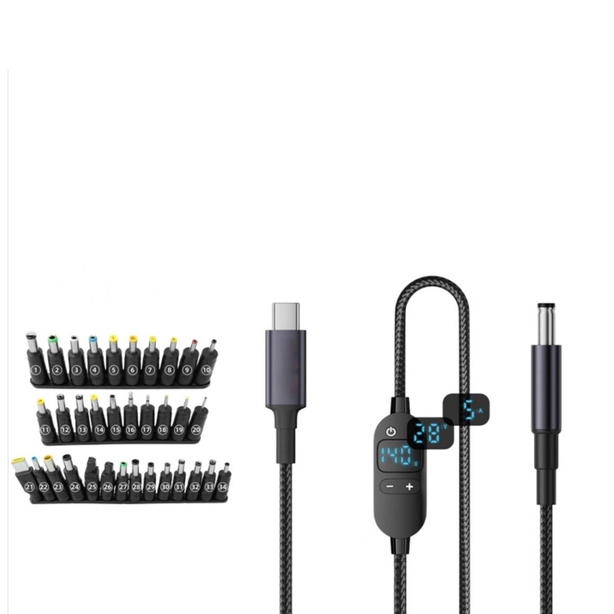 Ein Satz von USB-C-Ladekabelspitzen und Steckverbindern, einschließlich nummerierter austauschbarer Adapter, ein geflochtenes Kabel mit digitaler Anzeige und ein Standard-Stecker, gezeigt auf weißem Hintergrund.