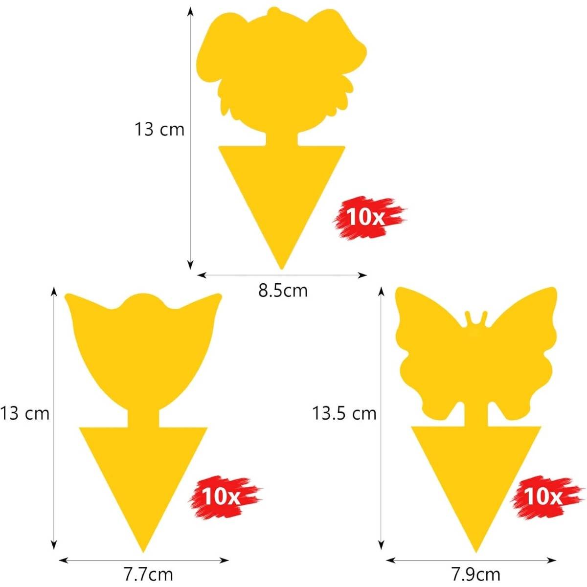Drei gelbe Papierausschnitte in Form von Blumen-/Eiscreme-Formen, die als Größenvergleiche gezeigt werden, jeweils mit „10x" gekennzeichnet und Abmessungen von etwa 13 bis 13,5 cm Höhe und 7,7 bis 8,5 cm Breite.