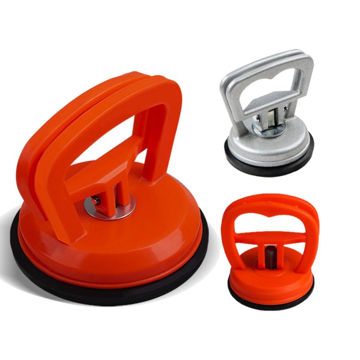 Drei Saugnäpfe-Hebegriffe in Orange und Silber, gezeigt auf weißem Hintergrund.