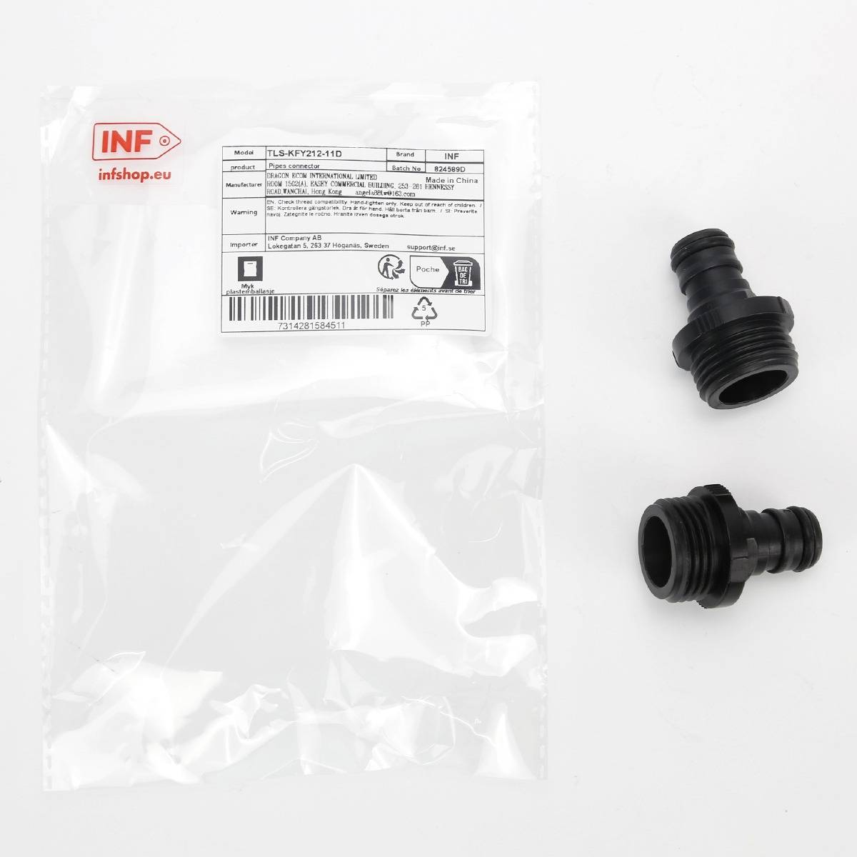 Zwei schwarze Kunststoffschlauchverbinder neben einer gekennzeichneten durchsichtigen Kunststoffverpackungstasche auf weißem Hintergrund.