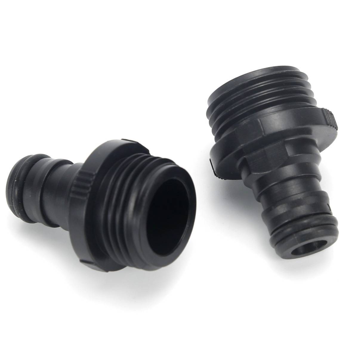 Zwei schwarze Kunststoff-Schlauch-zu-Gewinde-Adapter-Verbindungsstücke auf weißem Hintergrund dargestellt.