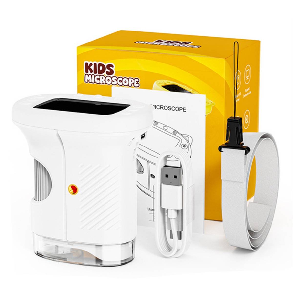 Tragbares "Kinder-Mikroskop""-Set mit weißem Mikroskop, USB-Kabel, Ständer und gelber Verpackung.