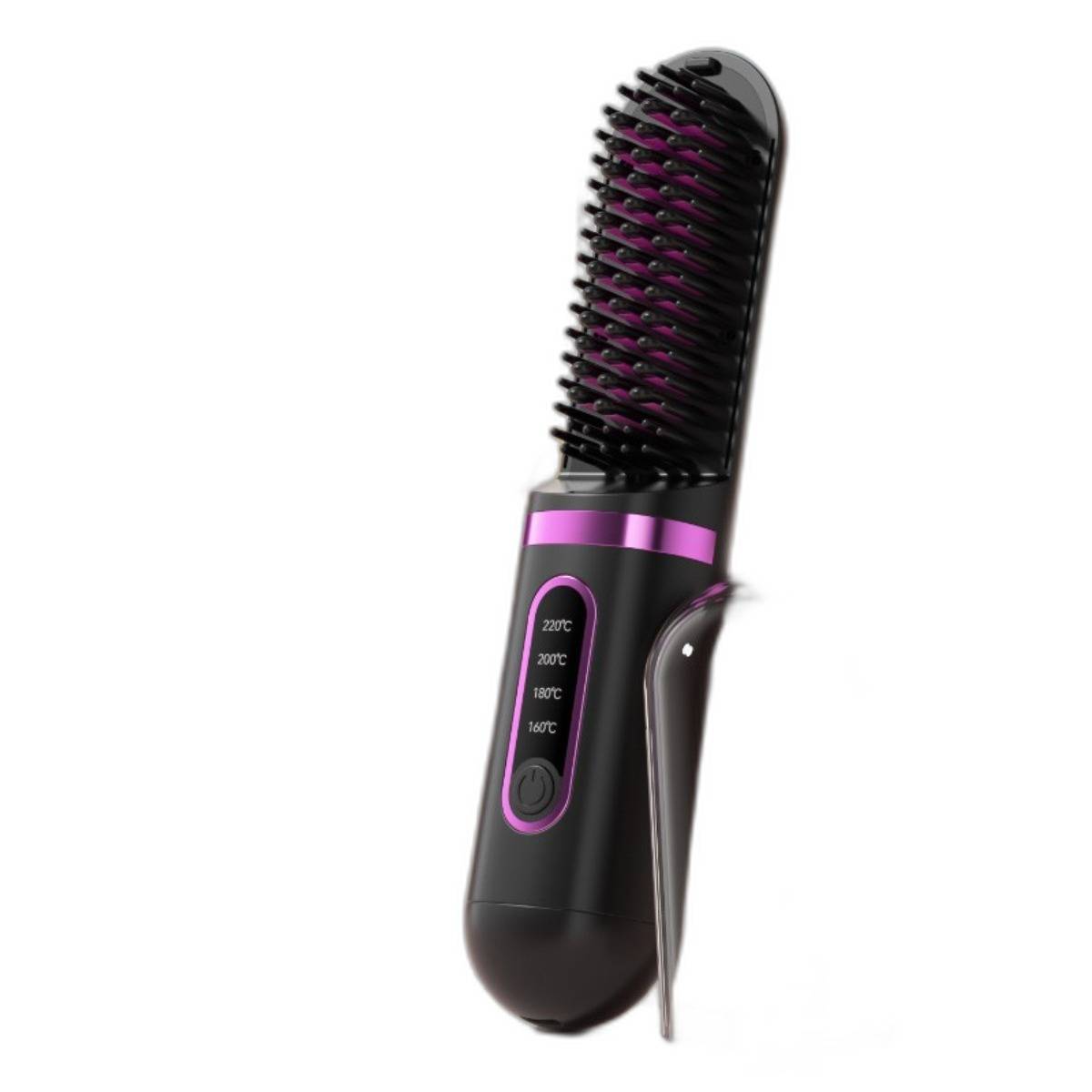 Elektrisch beheizte Haarglättungsbürste mit schwarzem und violettem Design, zeigt Temperatureinstellungen am Griff.