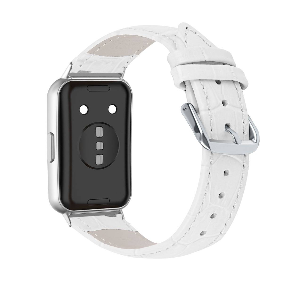 Silberne Smartwatch mit schwarzem rechteckigem Zifferblatt und weißem Lederarmband, Vorderansicht auf weißem Hintergrund.