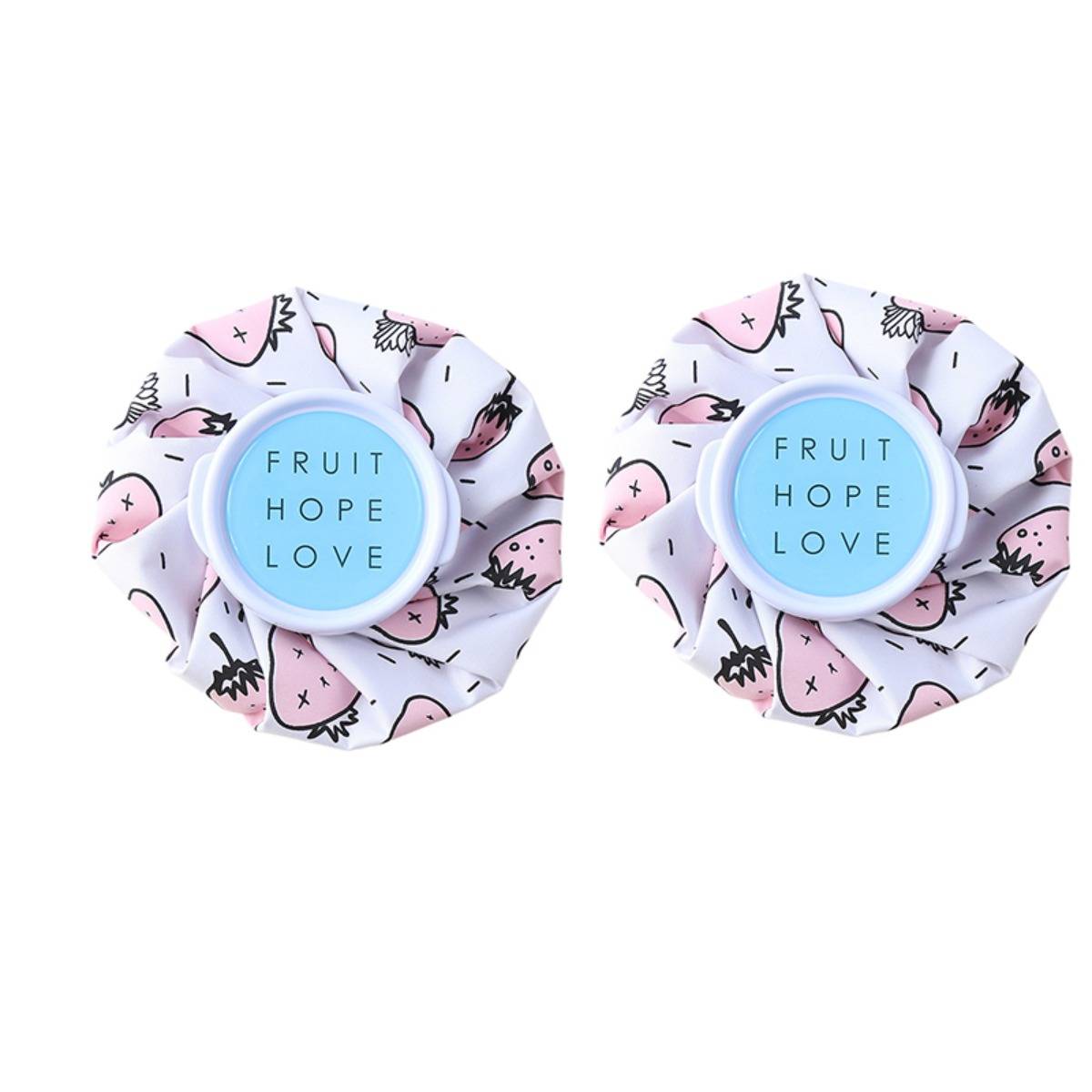 Zwei wiederverwendbare Stoffschüsselabdeckungen mit rosa Fruchtmuster und blauen mittigen Etiketten mit der Aufschrift „FRUIT HOPE LOVE