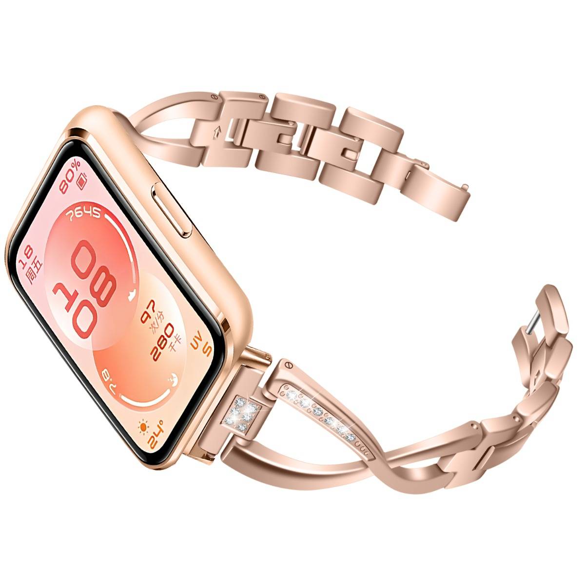 Roségoldene Smartwatch mit gebogenem Metallband und verzierter Schließe, vor weißem Hintergrund abgebildet.
