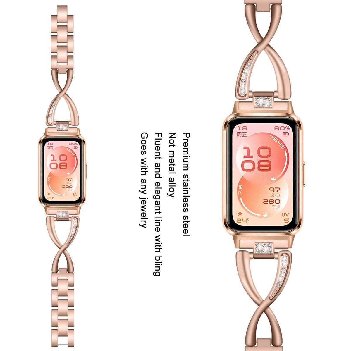 Rosegold-Smartwatch mit austauschbarem Metallarmband, von vorne und von der Seite gezeigt; der Text hebt hochwertigen Edelstahl, Nichtmetall-Legierung und elegantes Design hervor.