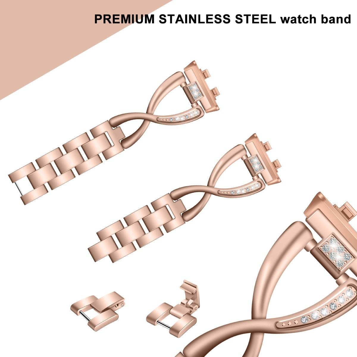 Roségold-Edelstahlwatchband aus verschiedenen Winkeln und Nahaufnahmen gezeigt, mit Betonung auf die Schließe und das gedrehte Armband-Design.