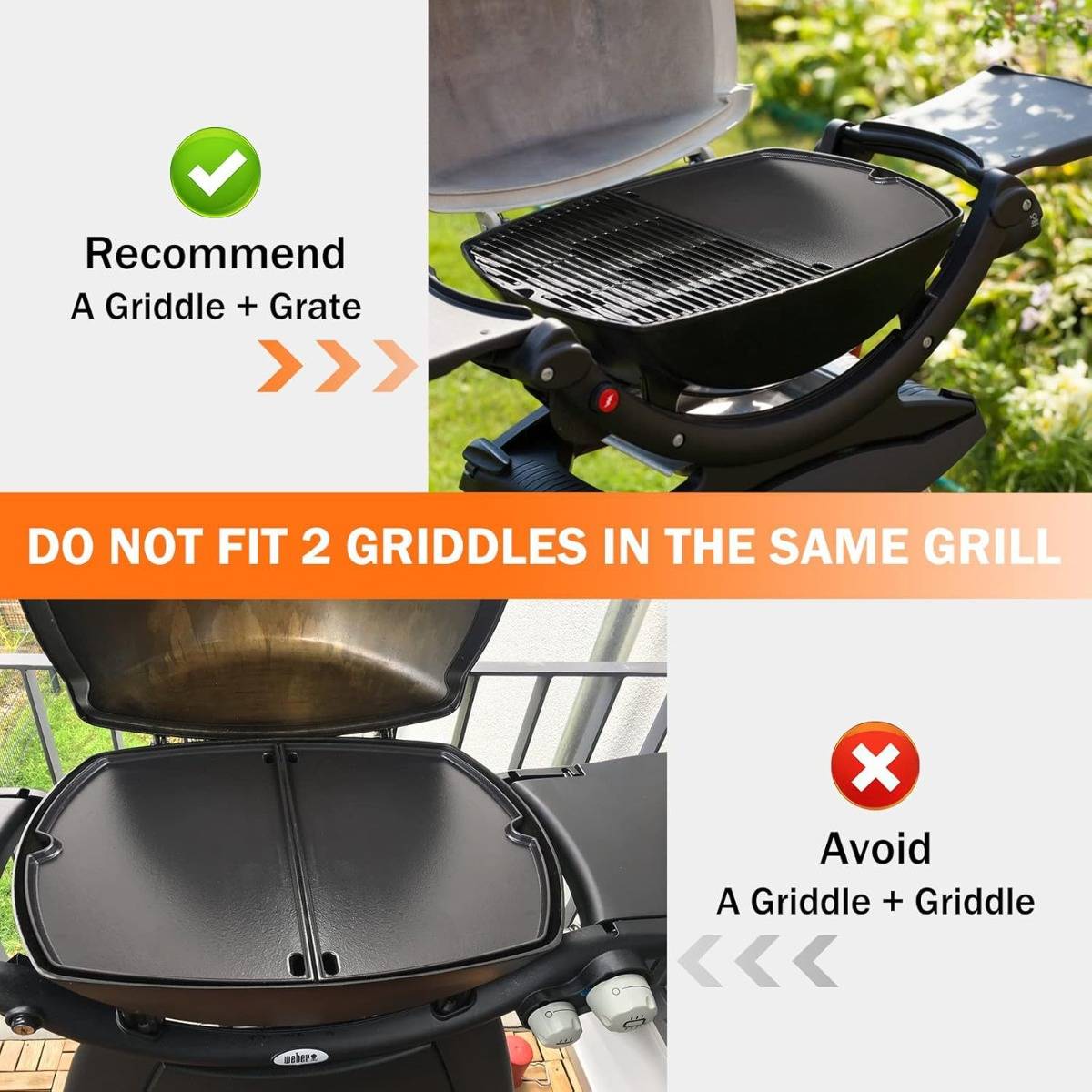 Grafik zur Anleitung für Grillplatten: Eine Grillplatte mit einem Rost wird empfohlen, während zwei Grillplatten im gleichen Grill nicht zulässig sind.