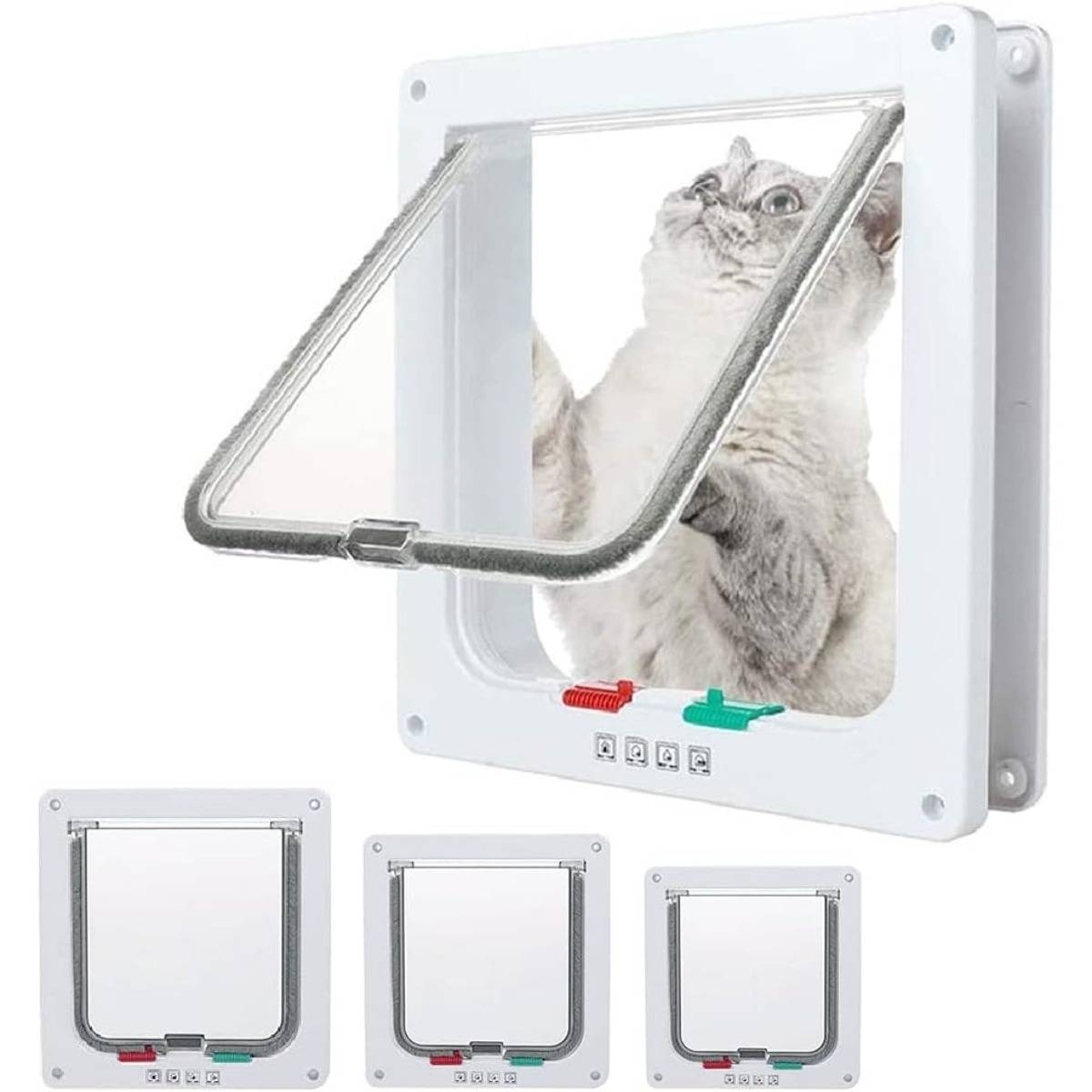 Katze benutzt eine weiße Haustiertür mit transparentem Schwingschieber; kleinere Detailansichten zeigen die Tür von vorne geschlossen und geöffnet.