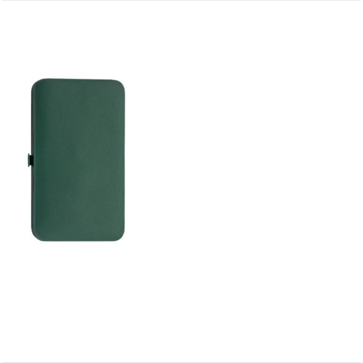 Grüner rechteckiger, wandmontierter Schrank oder Panel mit abgerundeten Ecken und einer kleinen seitlichen Verriegelung auf weißem Hintergrund.
