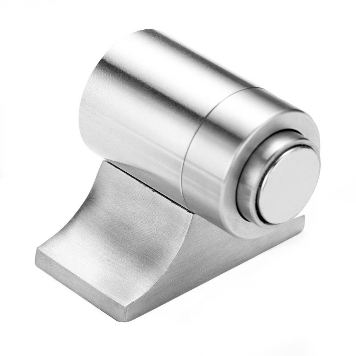 Edelstahlmagnetischer Türstopper mit zylindrischem Puffer auf einer gekrümmten wandmontierten Basis.