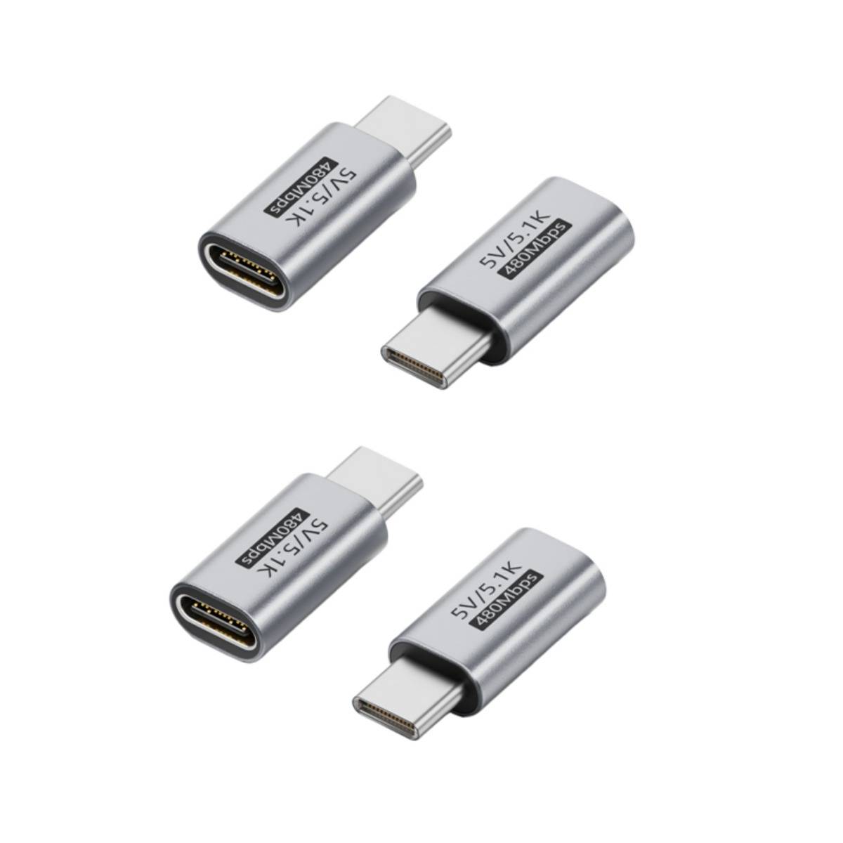 Zwei silberne USB-C-Adapterstecker, dargestellt in zwei Ausrichtungen, gekennzeichnet mit „5V/1,5K