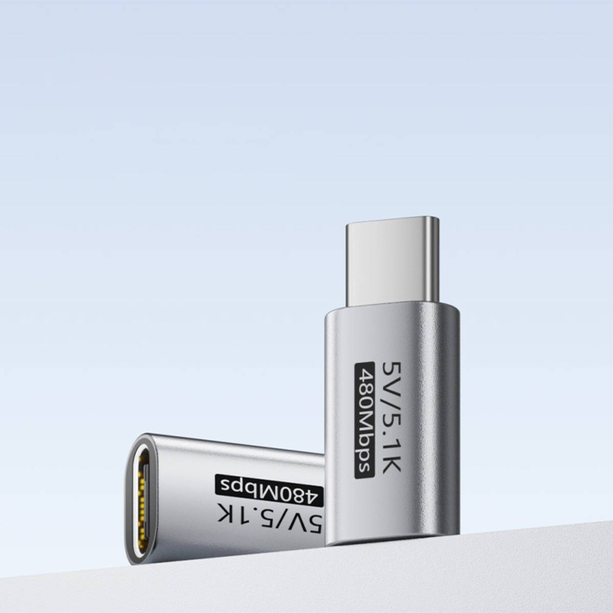 Zwei USB-C-Ladekabel in Silber dargestellt, gekennzeichnet mit „5V/5.1K 480Mbps", wobei schnelles Laden und Datenübertragung hervorgehoben werden.