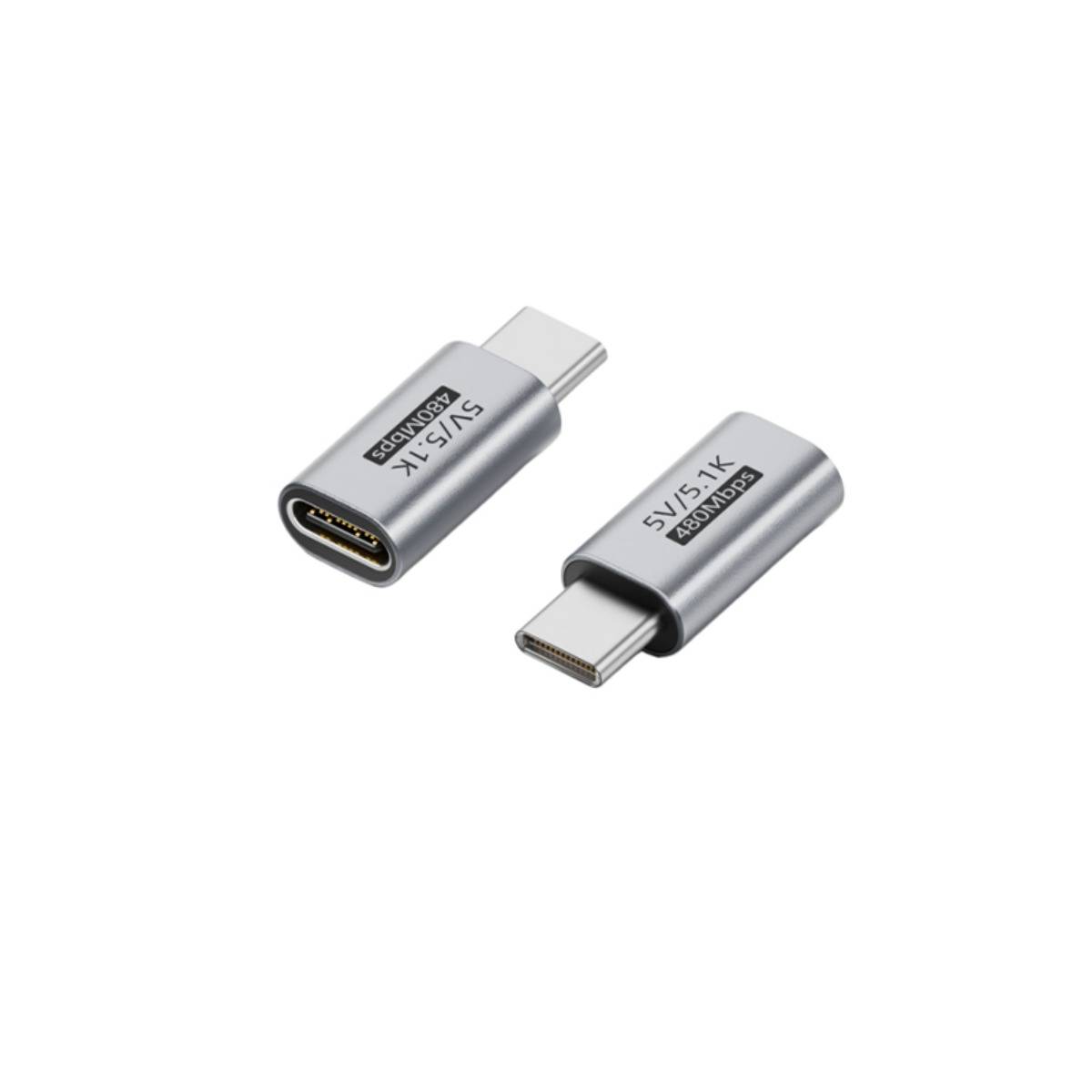 Zwei silberne USB-C-Adapter-Stecker auf weißem Hintergrund, ein weiblicher USB-C-Anschluss und ein männlicher USB-C-Stecker.