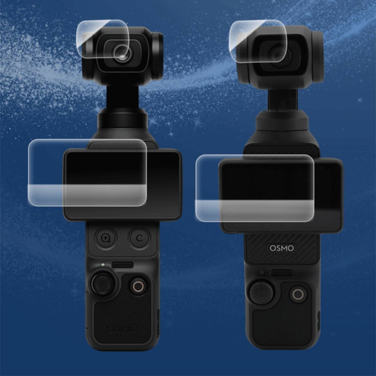 Zwei tragbare Gimbal-Kameras nebeneinander auf blauem Hintergrund dargestellt, jede mit einem leeren rechteckigen Anzeigebereich, der auf dem Gerät hervorgehoben ist.