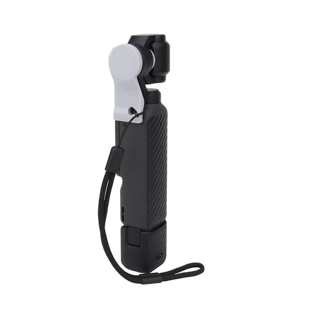 Kompakte tragbare Gimbal-Kamerastabilisator mit Handgelenkschlaufe, aufrecht auf weißem Hintergrund abgebildet.