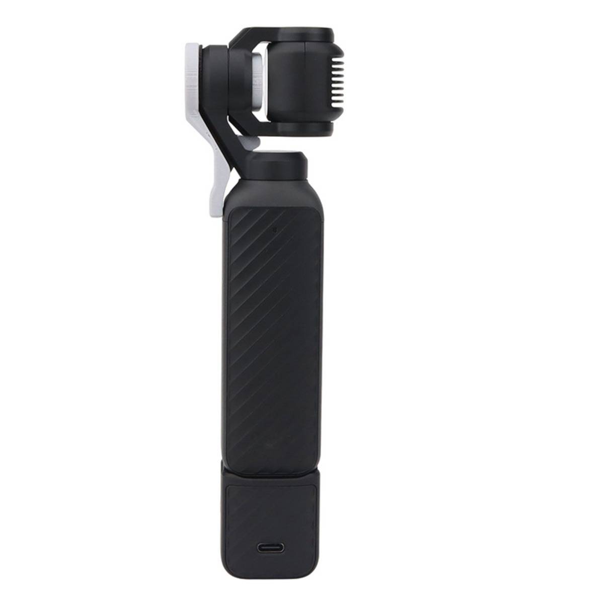 Schwarzer tragbarer Telefon-Gimbal-Stabilisator mit einer Smartphone-Halterung an der Oberseite, aufrecht auf weißem Hintergrund dargestellt.