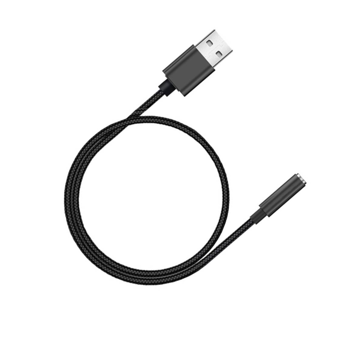 Schwarzes geflochtenes USB-Kabel mit einem USB-A-Stecker an einem Ende und einem kleinen Gerätestecker am anderen Ende, aufgerollt auf weißem Hintergrund dargestellt.