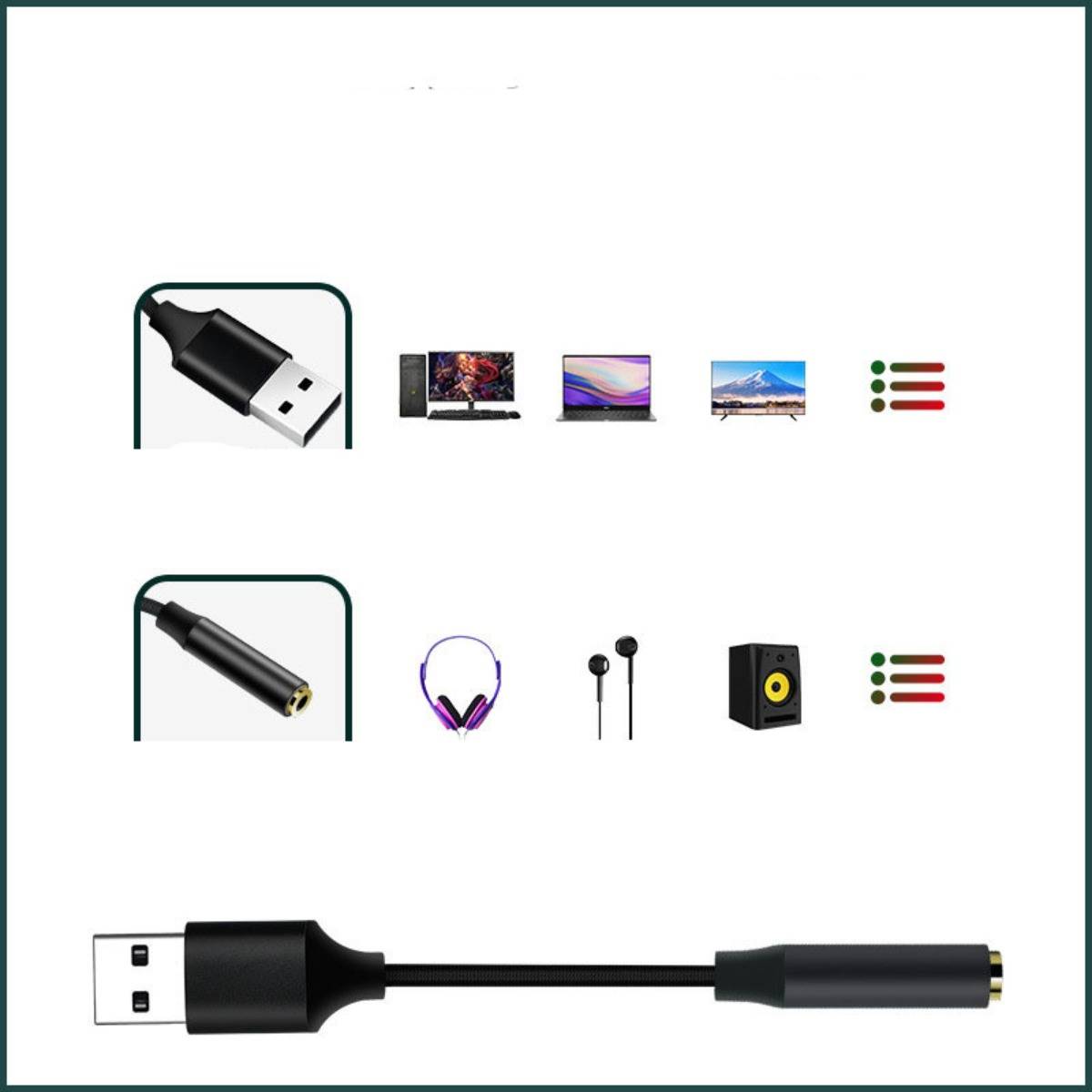 USB-Stecker-auf-3,5-mm-Audioadapter gezeigt mit einem USB-Stecker an einem Ende und einer Audiobuchse am anderen Ende, mit Symbolen für die Verwendung bei Computern, Kopfhörern, Ohrhörern und Lautsprechern.