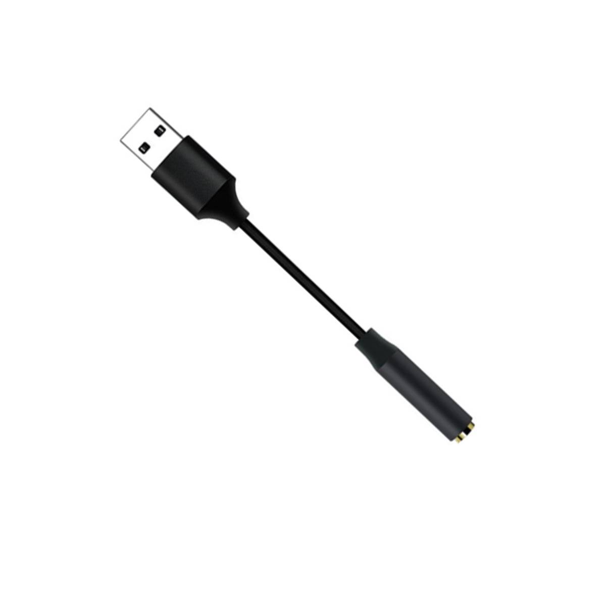 Schwarzes USB-Ladekabeladapter mit USB-A-Stecker auf einer Seite und kleinem rundem Anschluss auf der anderen Seite.