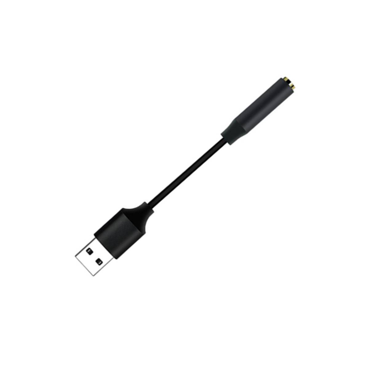 Schwarzes USB-Ladekabel mit einem USB-A-Stecker auf der einen Seite und einer kleinen zylindrischen Ladetip auf der anderen Seite.
