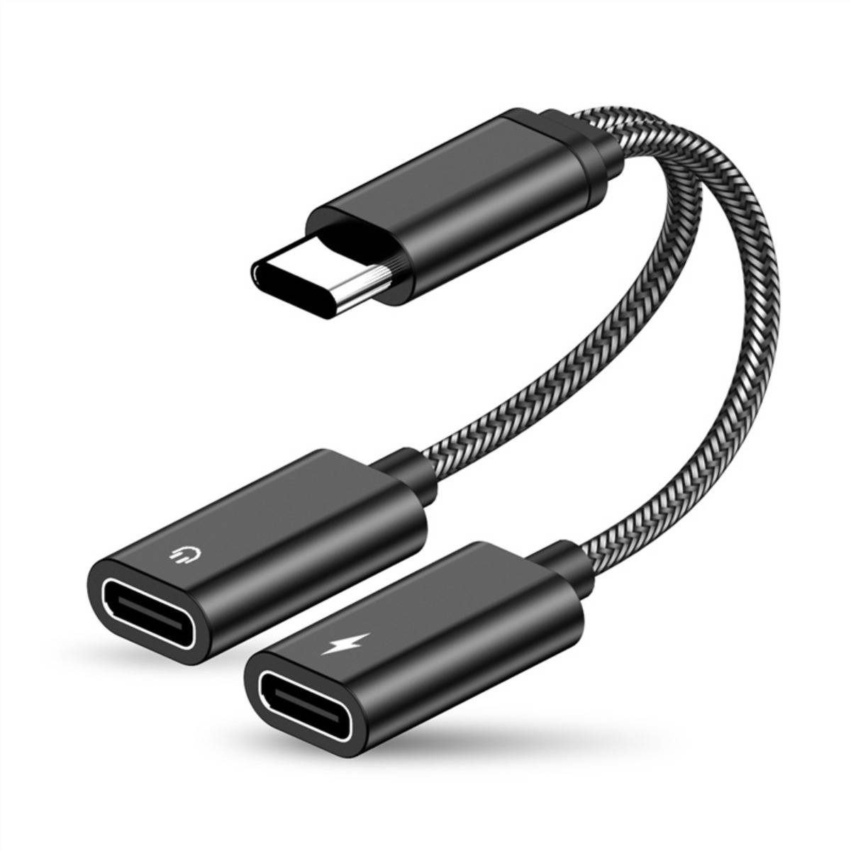 USB-C-Splitterkabel mit einem männlichen USB-C-Stecker und zwei weiblichen USB-C-Buchsen, eine mit einem Kopfhörersymbol gekennzeichnet und eine mit einem Blitzsymbol.