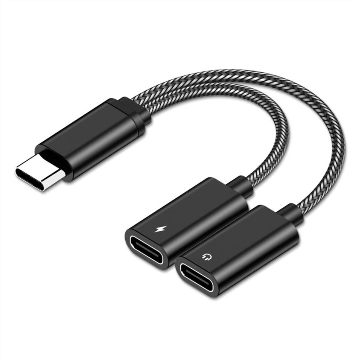 USB-C auf Dual USB-C Adapterkabel mit geflochtenen Leitern und Thunderbolt-ähnlichem Blitzsymbol auf einem Stecker