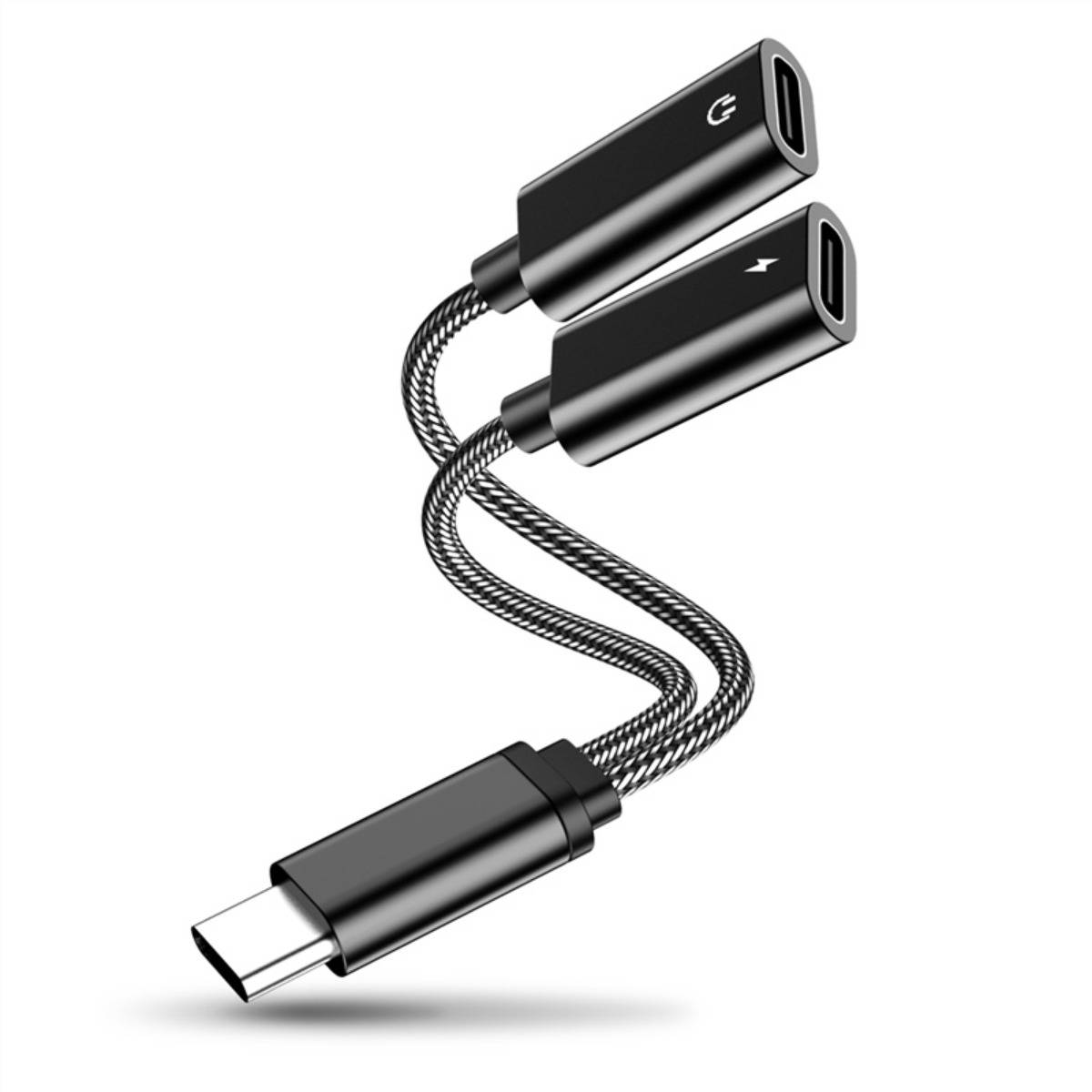 USB-C-Adapterkabel mit einem USB-C-Stecker und zwei weiblichen USB-C-Buchsen, mit geflochtenem Y-förmigem Splitter-Design.