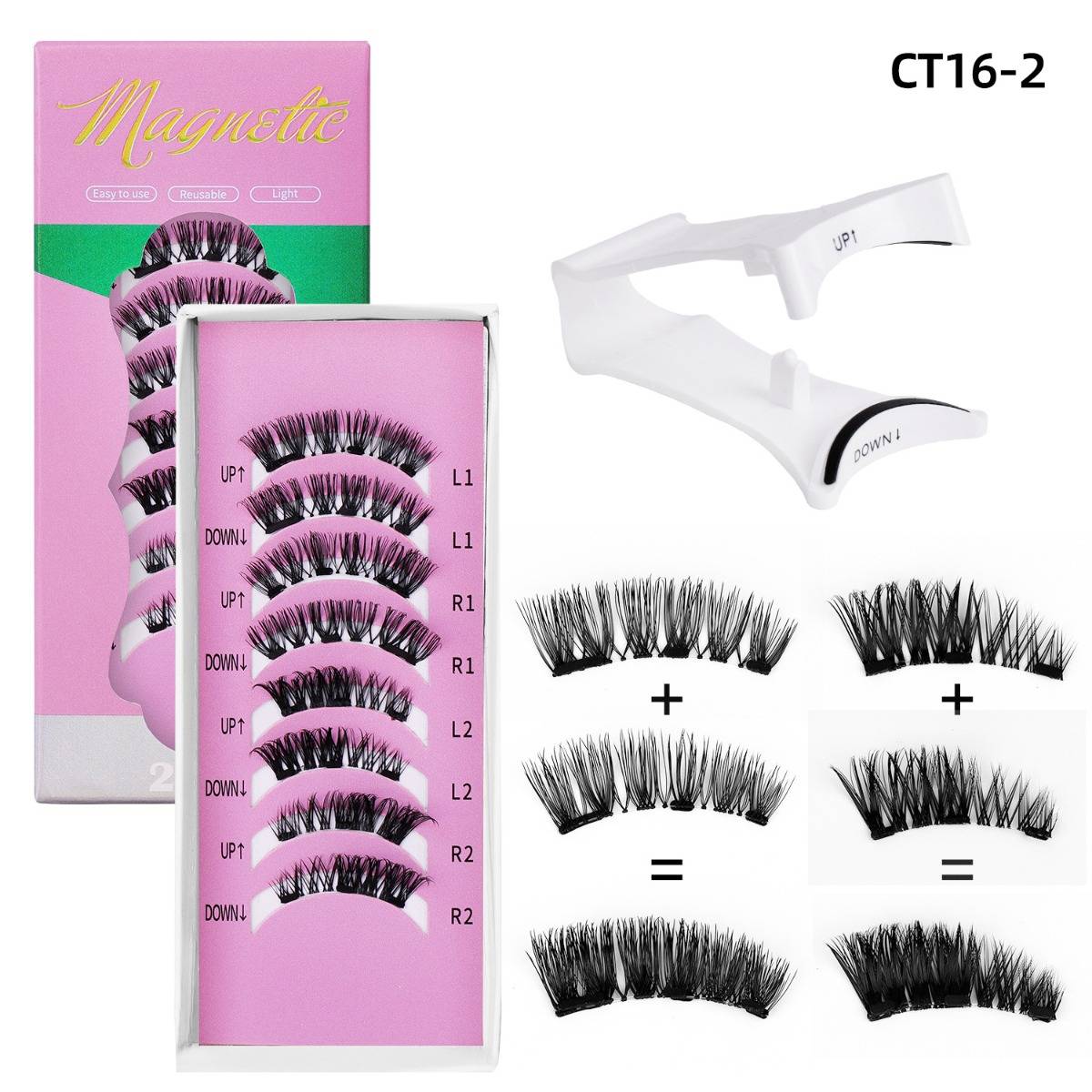 Magnetische Wimpernset 'CT16-2' mit gekennzeichneten Wimperpaaren, magnetischem Applikator und Diagrammen, die zeigen, wie obere und untere Wimpern zusammenhängen.